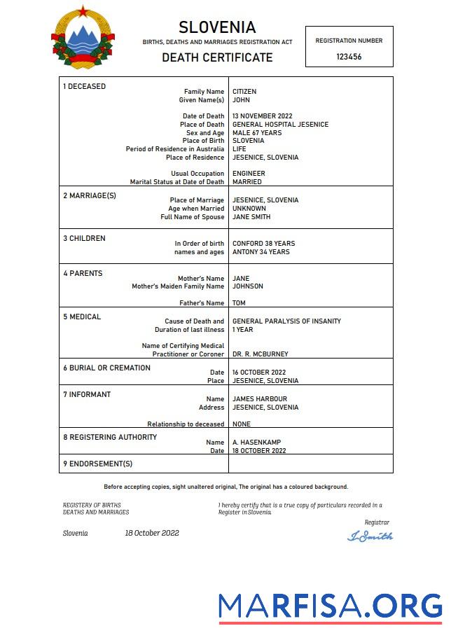 Downloadable Slovenia vital record death certificate Word and PDF template